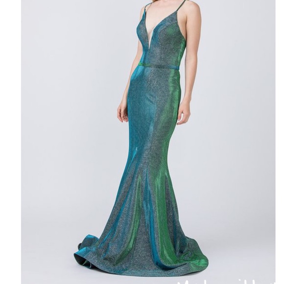 Cindy Metallic Green Long Formal Prom Evening Gown Dress Size M - Picture 1 of 9